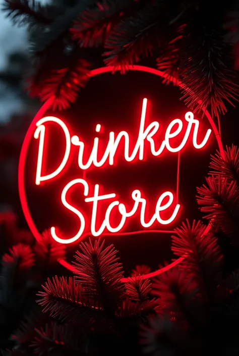 Create a red neon with the name DRINKER STORE inside a Christmas tree with a black background