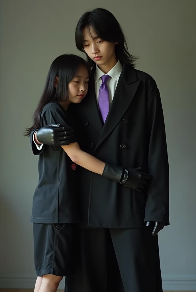 Live Action pre teen Asian boy with Long Flowing black Hair, Wearing a LONG Sleeved, Baggy Black Double Breasted Suit that reaches the ground over a Baggy White Dress shirt Properly Tucked in With The Sleeves Covering the Palms and Purple tie tied Tightly ...