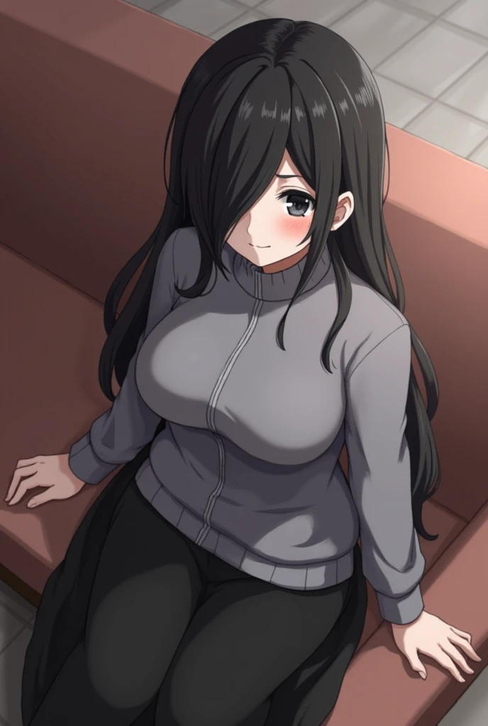 1 , Alone,  long hair, breasts,  black hair,  Hair over one eye, breasts grandes,Rice,  seen from above,  breasts marked , gray coat, high throat, droopy eyes,  Shy Look,  black eyes , Black skirt, long skirt, dark circles,  sitting on a couch,  looking at...