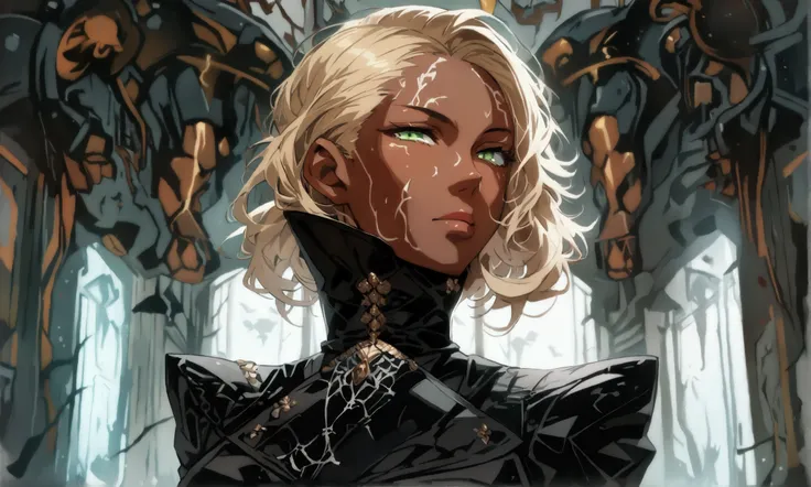 Woman, brown skin, bright blonde hair, bright green eyes, black high-necked mafia-style overcoat, serious and confident expression, gloomy scenery, ((Anime character design)), ((2D animation style)), ((Dramatic studio lighting)), ((2D fine lines)), ((Stunn...