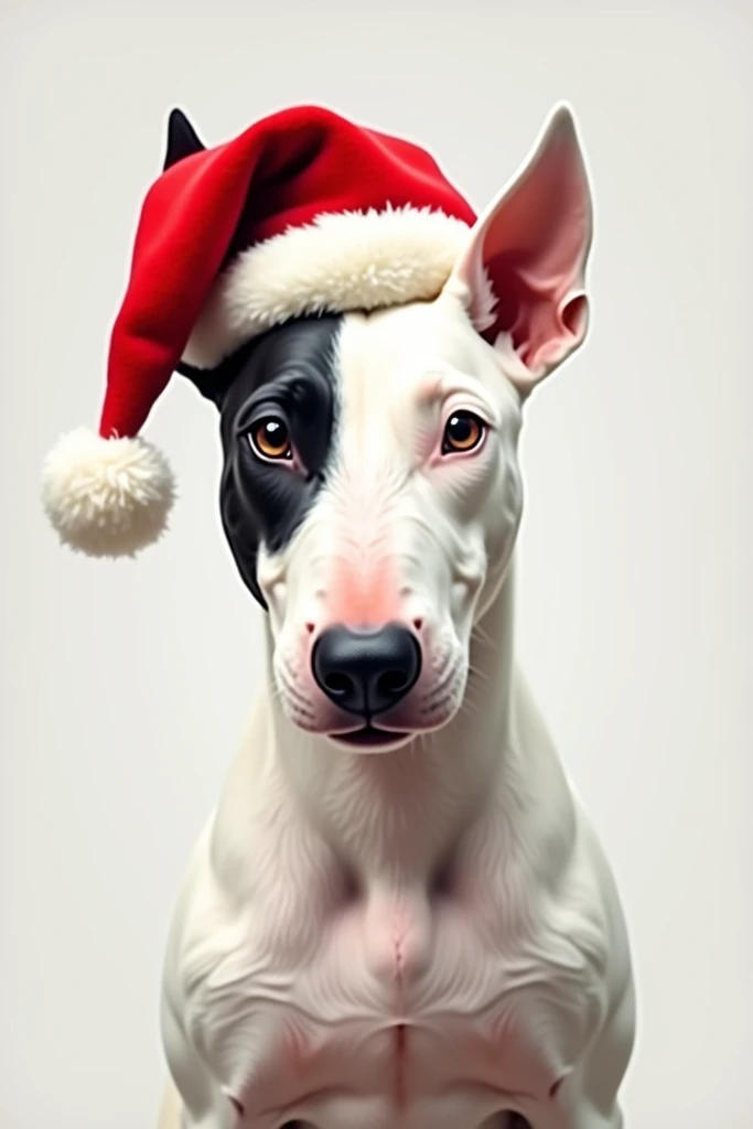 White bull terrier with black eye patch and Christmas hat