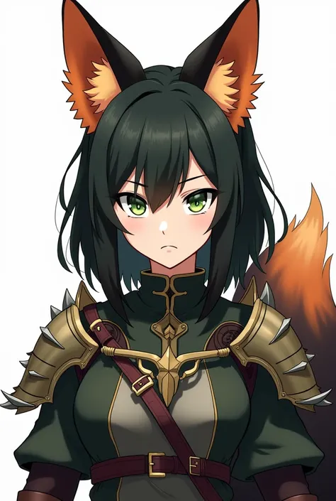 make me an anime character, complete body genre style:female skin: white hair:black hair medium cut, ears: fox ears orange and black, tail: orange, white and black  background: white pose: serious face clothes: fantasy tactic forest warrior clothes And the...