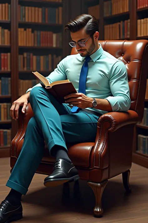 Man bump,  tiled pants with a strong light blue shirt and a wet blue tie,  not so dark skin , with glasses,  boobed hair and sexy shiny black , body ,  sitting in a comfortable chair and holding a book .  With a library background  