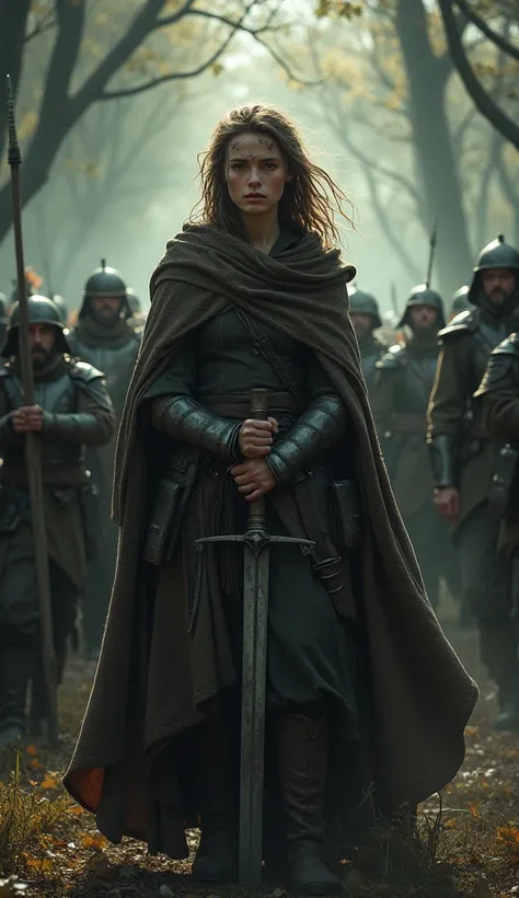  A rebel leader in a dark forest, surrounded by her army.