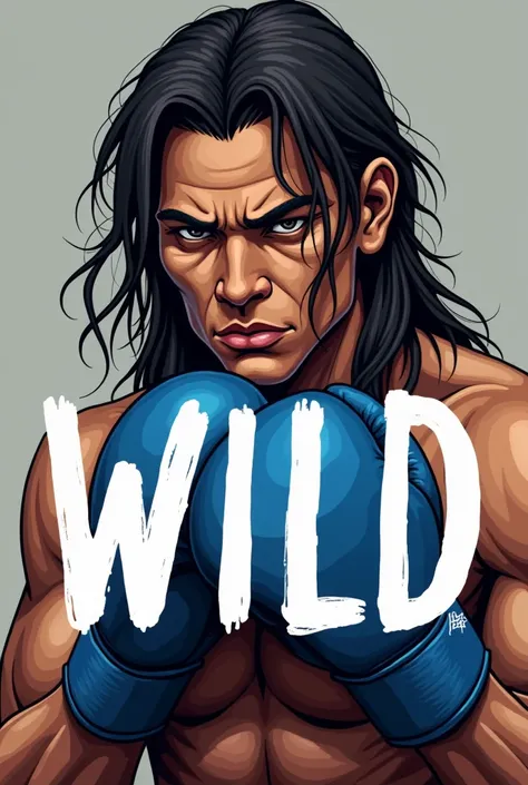 I want to create a logo with white letters that says wild in which it is composed of a not so muscular Chilean Indian with blue boxing gloves