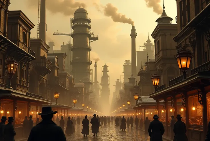 Steampunk-style Victorian city rendered in high detail, with sepia tones, intricate mechanical structures, steam rising from factories, lanterns casting a warm glow, and cobblestone streets bustling with people in period clothing