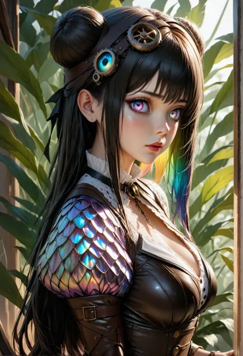 1maturegirl,mahiru shiina, Long smooth straight black hair, inner dark iridescent hair, iridescent eyes,aesthetic curvy figure,standing straight in steampunk clothes,masterpiece, super detail,detailed eyes, best quality, 8k,realistic