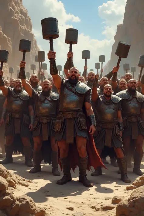 A group photo of warriors using their metal mallet after the battle 