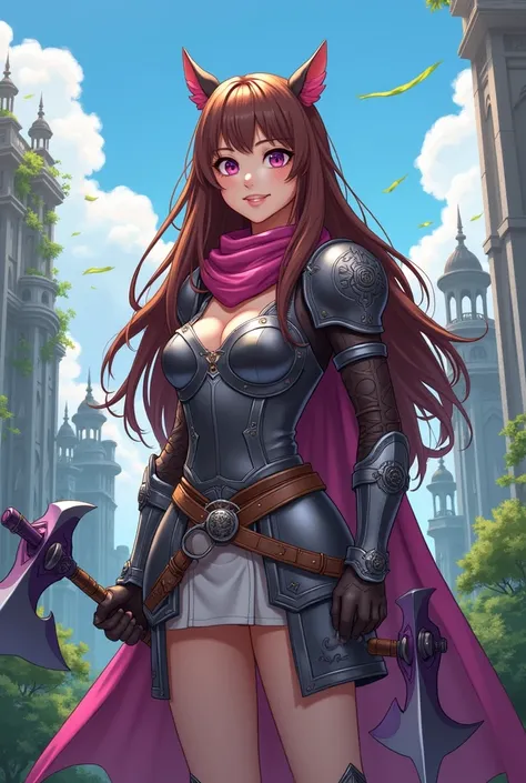  make an anime RPG style illustration of a woman with big brown hair,  she has a cheerful face but not very kwai ,  has simple armor and this one with two axes with purple details  ,  has an astheric look and a defined body ,  in the background place a cit...