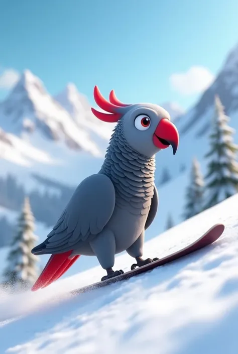 A beautiful gray parrot from Gabon animated skiing 