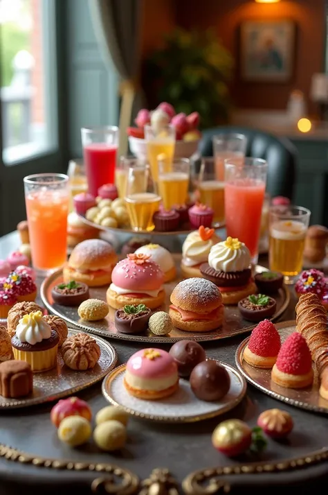 Table full of candies, pastries, chocolate and soft drinks.