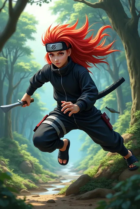 A ninja with long red hair genin from the Naruto universe