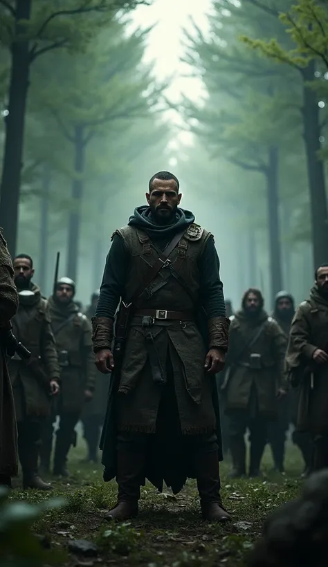 A rebel leader in a dark forest, surrounded by his army.