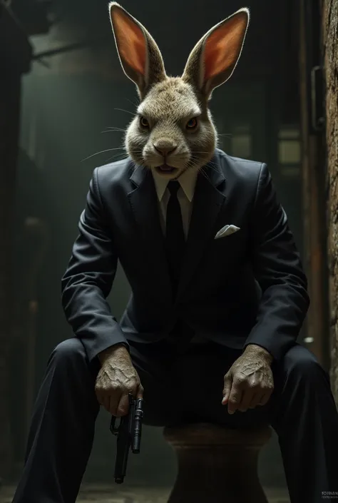 A badass killer looking rabbit in a suit