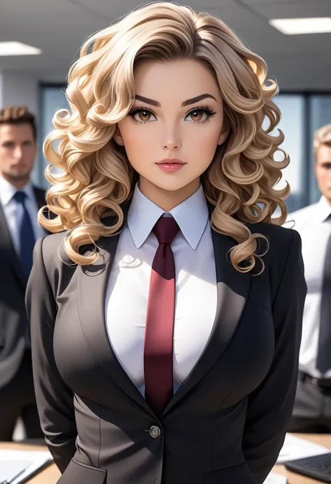 High quality, high resolution, bodyshot, 1 girl, curly medium hair, light blonde hair with dark brown tips, bust size tripple bs, average body, attractive face, beautiful face, ceo of a big company, professional attire, office, boss, dominant, leading the ...