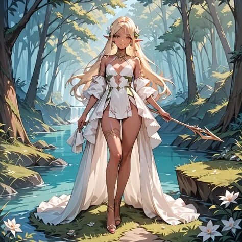 Masterpiece, high quality, detailed background, anime, petite figure, full body, beautiful face, long eyelashes, brown skin, thin legs, blonde hair, elf, beautiful thighs, slit eyes, bare shoulders, forest, smiling face,