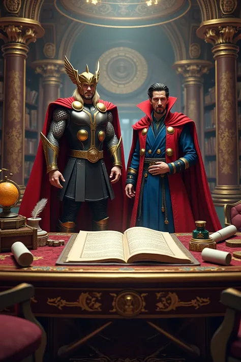 A medium sized room with the characters Thor and doctor strange in fancy content with legend publisher supplies