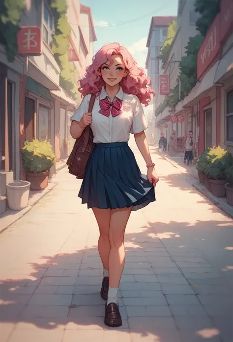  A girl with pink wavy hair in a school uniform is walking down the street, and a gust of wind lifts her skirt 