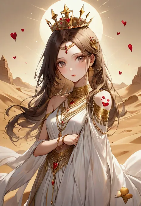  A majestic portrait of a young queen ,  surrounded by majestic splendor .  A stunning Latin beauty ,  with long and silky straight brown hair with a stripe on one side , Looks directly at the viewer.  Behind her a desert place , full of scorpions .  Her o...