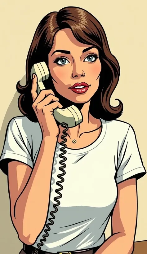 Old school comic picture of Lara a 56 year old woman wearing a white top with brown hair making a phone call 