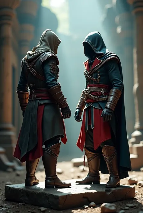 2 different full-body Assassins Creed figures in the same scene, dynamically posed on a base within  various game elements. Ultra-realistic photography. Sharp and smooth cinematic volumetric lighting. Dramatic lighting.