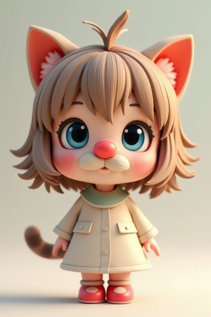 3d anime girl with big blue eyes. Light brown hair with clown nose and cat ears. With cat mustache and cat tale. Light skin