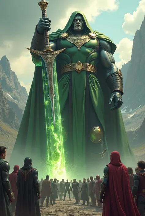 create a giant Dr Doom with  magical sword like a mountain attacking marvel Avengers