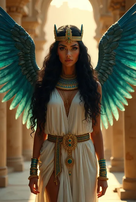 An Egyptian queen , black,  similar to the actress Thaís Araújo ,  with long curly hair ,  dressed like Cleopatra ,  and with a pair of wings colored in shades of blue and green