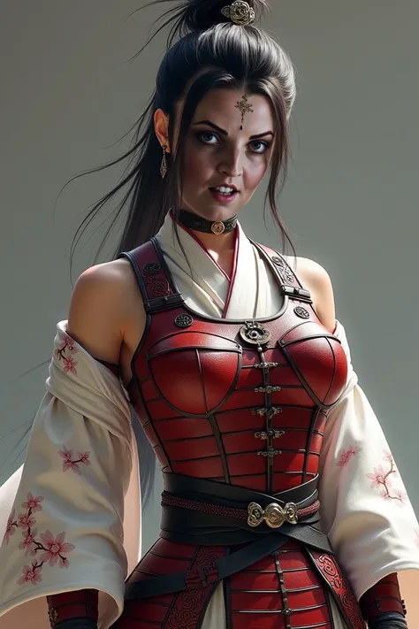 Big Tits,Big Ass,

	Fusion of Armor and Kimono:
	• Bodysuit: The torso part、Wearing a metal and leather vest based on traditional samurai armor。Armor is black or jet black.、Adopted deep red coloring、Emphasizing dignity。On the breastplate、It is decorated wi...