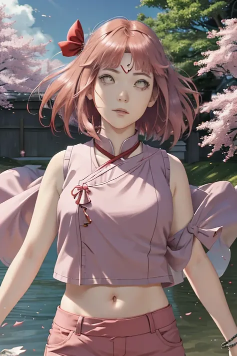 masterpiece, absurdres ,1 , Haruno Sakura,forehead mark,  red hair ribbon ,  sleeveless red dress, white pants, navel,   groin,   bracelet,  looking at the spectator,  arms crossed, Cherry trees, wind,  floating hair, 
pink hair,  short hair, green eyes, 
...