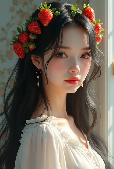 a girl with long black haired with strawberries on her hair wears white blouse