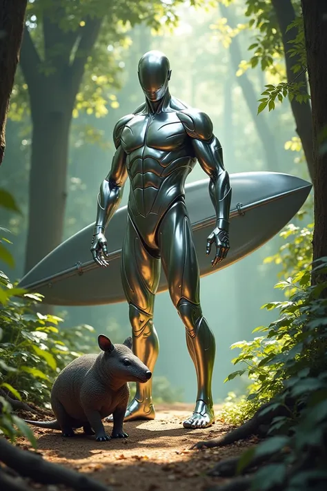 Silver Surfer Marvel in front of a small armadillo in the woods