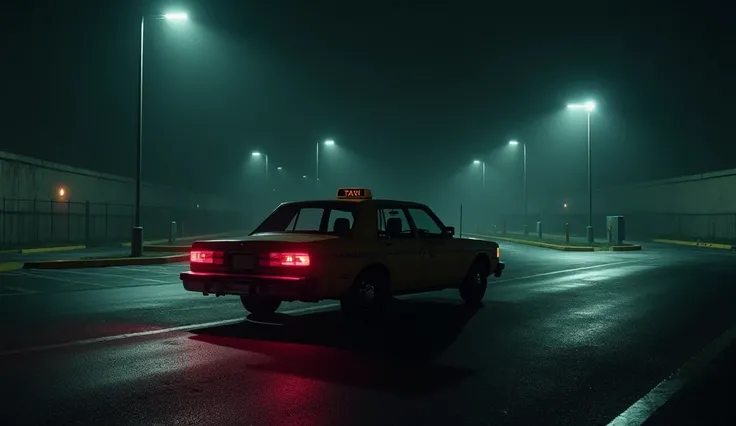  A taxi leaving the parking lot of a taxi base during the night.  The vehicle is illuminated by the exterior lights of the parking lot .  The scene should convey a sense of mystery , with a dark and slightly disturbing environment 