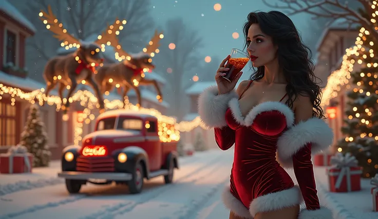 Sexy Christmas images, sexy, Santa Claus , gifts,  Beautiful busty woman, Sleigh , Henas  , coca-cola ,  Coca-Cola truck, lights, Fantasy, Natal, city, drinking coca-cola, Magic of Christmas  