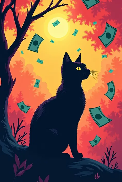 Cut out coloured cat with dollars around it
