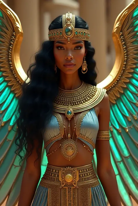 An Egyptian queen, with characteristics of a black woman ,  similar to the Brazilian Globo actress: Thaís Araújo,  with long curly hair ,  dressed like Cleopatra ,  and with a pair of wings colored in shades of blue and green