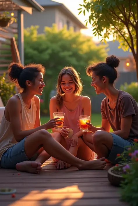 3 Teenagers are close friends, sitting in the backyard to drink and socialize