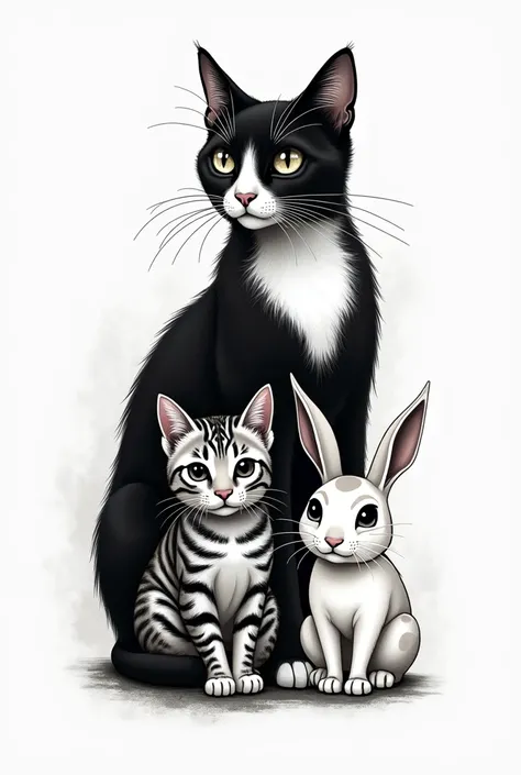 Make me a tattoo with a black and white cat, a smaller tabby cat and spotted dark brown and white and a small white rabbit 