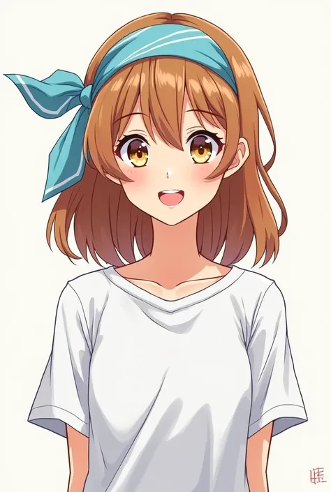 a anime woman with brown hair, white T-shirt, a light blue bandanna, her hair is in layers.