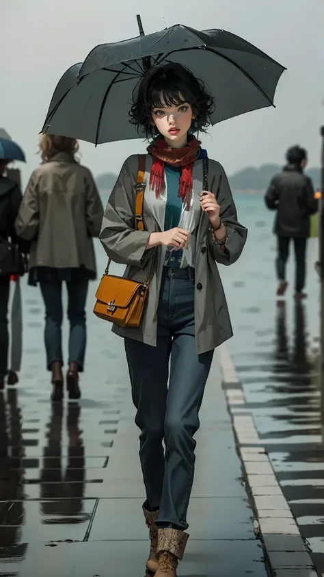 24 year old dark skinned woman、blue eyes、blonde、medium long curly hair、Accessorize your wrist、Colorful Scarf Tie Blouse((scarf tie blouse))、raincoat,loose grey fashionable pants, short hair, at the sea side, boots, umbrella, rain