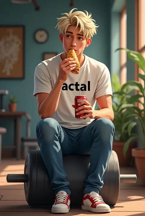  Take a picture of a young man wearing a t-shirt that says “FACTUAL” .   In the photo he holds an empanada in one of his hands and a canned drink in the other.    The young man is thin and is dressed in jeans .   He has light hair , But hes not blond .  Dr...