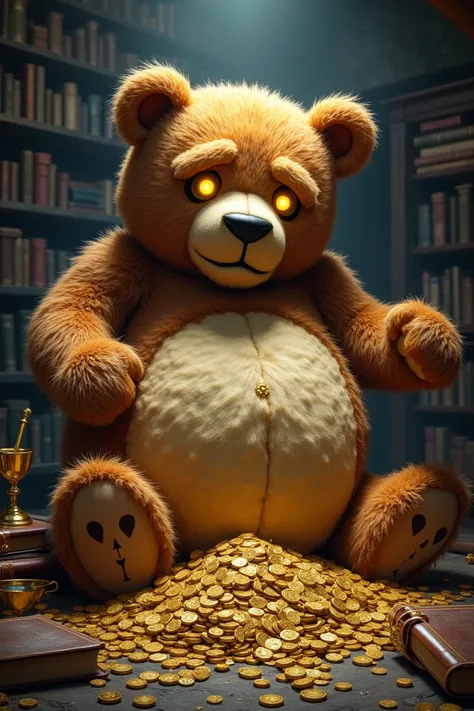 Ted bear with chests and coins with greedy eyes 