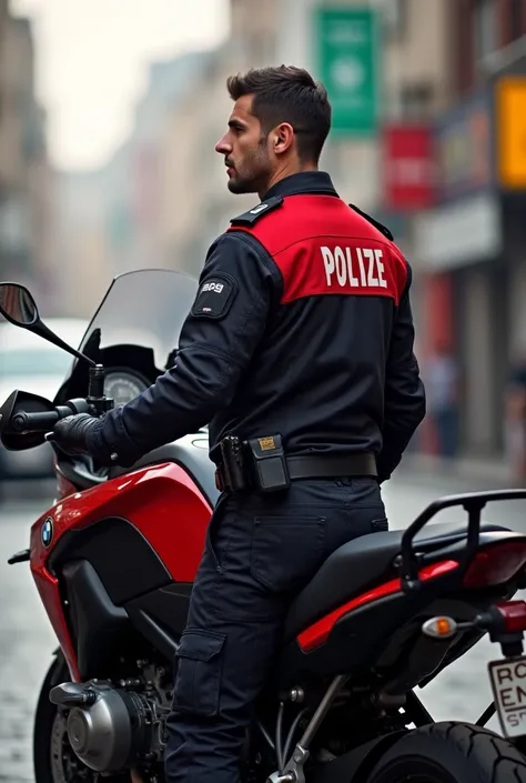  I am a Turkish police officer .  I live in the city of Osmaniye .  I have a uniform in red and black color .  My hair is black and short . I have no beard .   I drive bmw r1300 Gs engine as a Turkish police officer on a motorcycle 