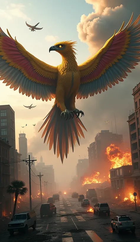 A futuristic city in ruins after a devastating attack by a fusion creature combining the majestic elements of a bird of paradise (cendrawasih) and an eagle. The creature has a vibrant, flowing feathered body in shades of gold, red, and blue, with massive, ...