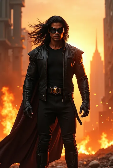 A indian man superhero, Age 28,name krrish,With black mask Large hair,black Jacket & Black pant,Hair & Jacket flow on air,Background fire flames,destory city, a hero stand on Top of building. Sunset time.