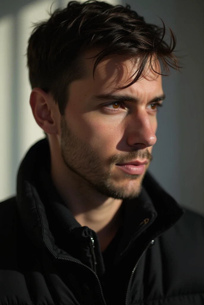 A man guy ,  short hair, dark brown hair,  brown eyes and relaxed and serious, a little to the side, mouth shut without smiling ,  Usando fones de ouvido ,  wearing a jacket, black jacket, I want to, background branco