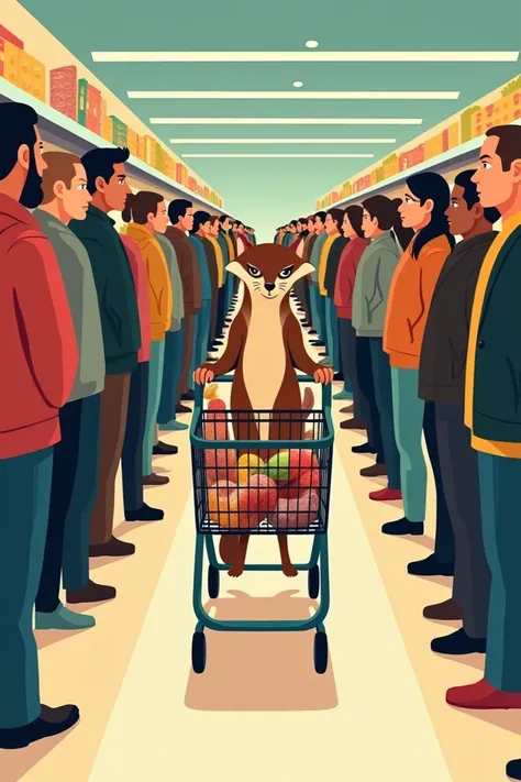 Modern flat character of a weasel in human body in a grocery shop forcing his trolley of food in a line of other customers and their trollies, breaking the rules. Vector style 