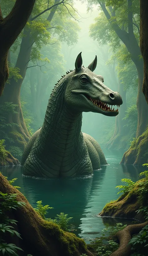  I want a mutation ,A hybrid animal, a horse with an alligator , The horse body  , the alligators syrup ,  alligator head with sharp teeth, in a forest 