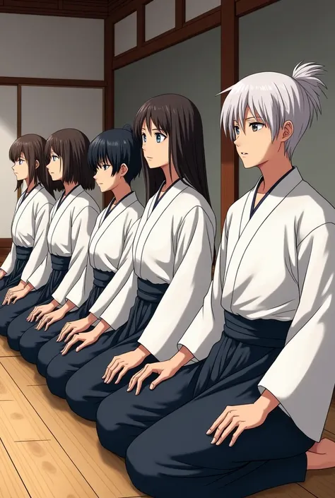 A manga‑style image featuring several adult aiokas, men and women, in white keigogi and black hakama, sitting side by side in a dojo. 