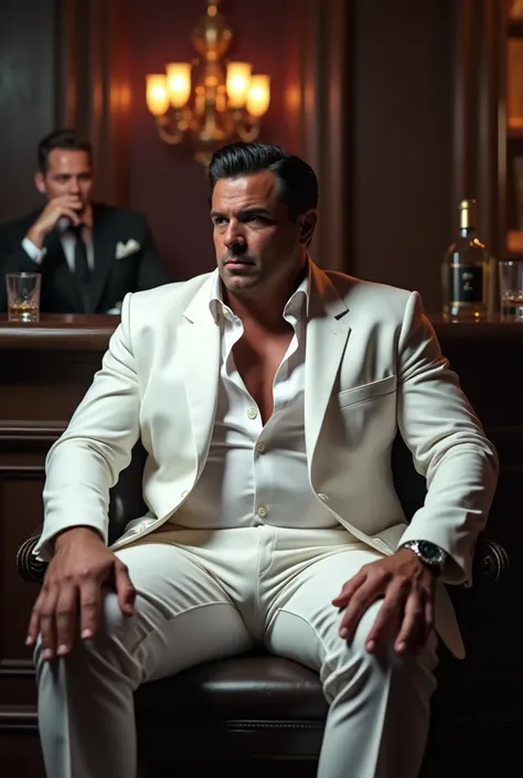  a white man, very high,  with stocky black hair brushed back and wearing an all-white suit. Hes sitting inside a nightclub looking at a very angry spot 